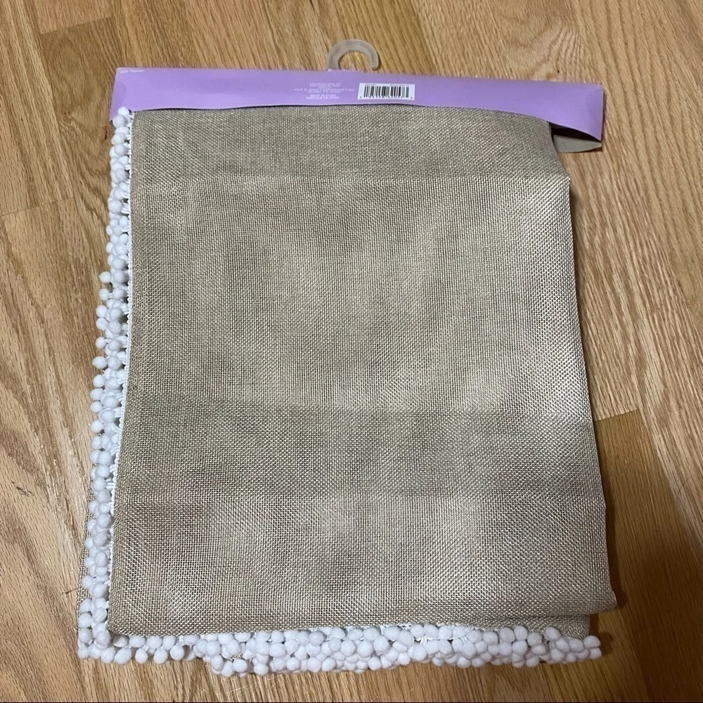 Burlap Table Cloth 58.5” x 84” Pom Pom Trim. NEW Tan White Home Decor Craft